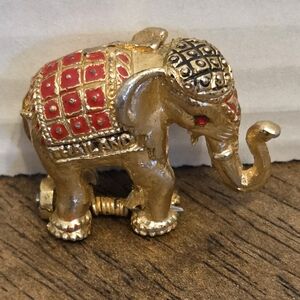 Antique Hinged Pill Trinket Box Gold Plated Red Decorative Elephant